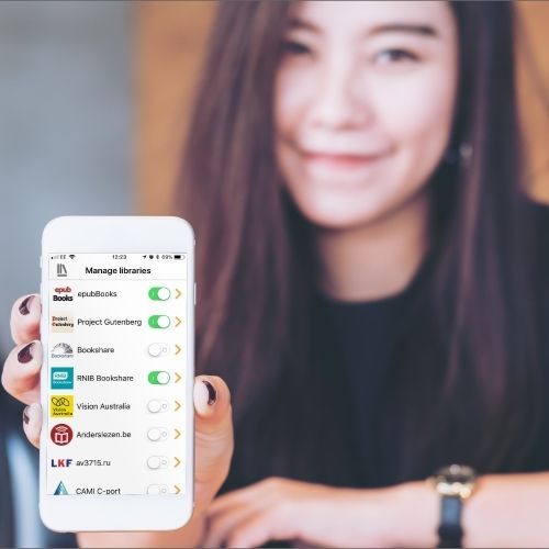 Girl holds out smartphone showing EasyReader App libraries list
